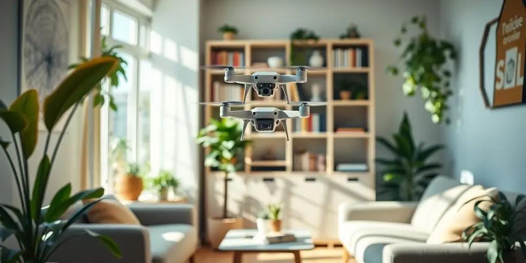 Eine Drohne fliegt durch ein gemütliches Wohnzimmer.